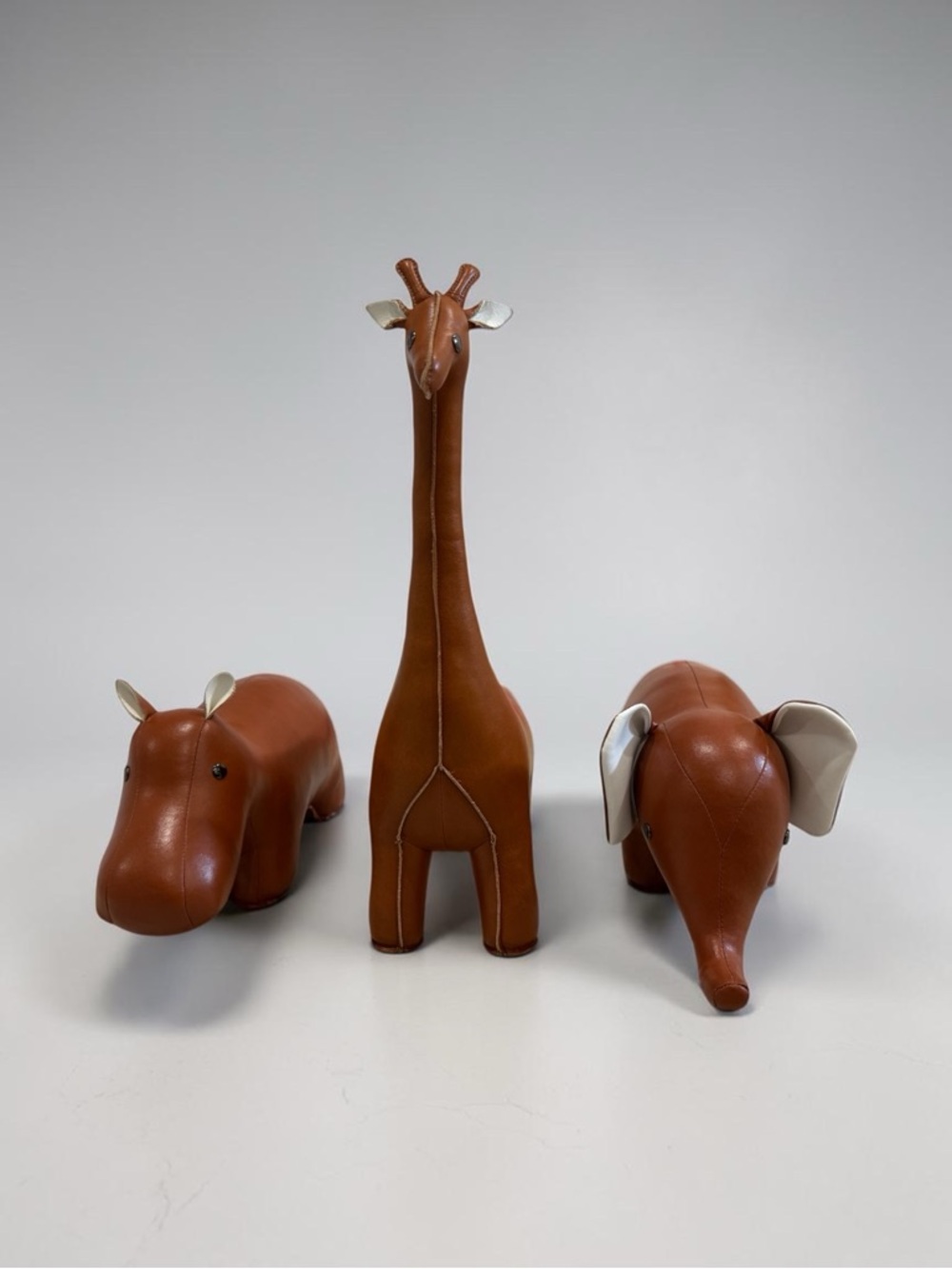 Zuny Brown Leather Hippo, Giraffe & Elephant Bookend Set